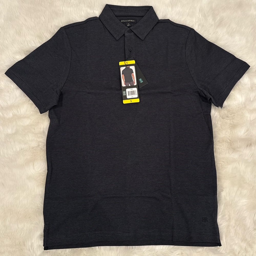 NWT Banana Republic Men's Black and Gray Striped Polo Shirt Size:Small